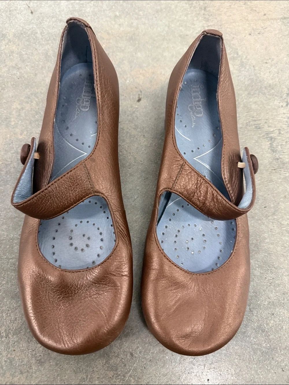 Indigo Brown Leather Mary Jane Flats with Blue Insole
